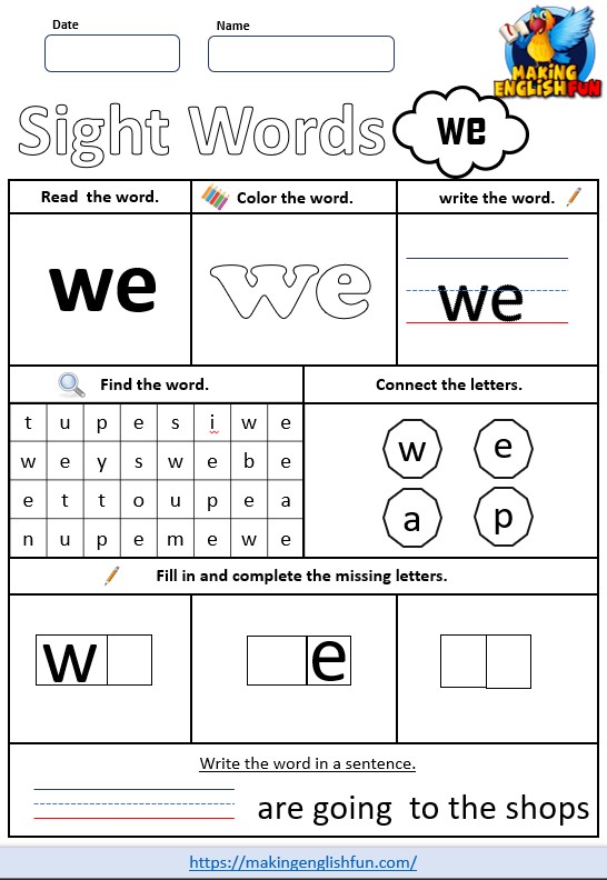 FREE Pre - K Dolch Sight Word Worksheets - weMaking English Fun