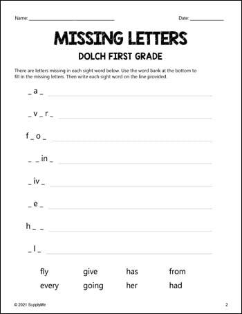 First Grade Sight Words Worksheets - Missing Letters, All 41 Dolch ...