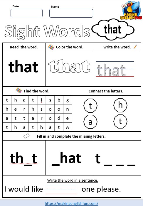 FREE Printable Kindergarten Sight Word Worksheet - “That”Making ...