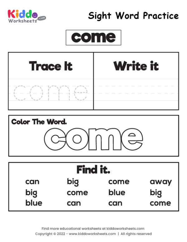 Free Printable Sight Word Practice come Worksheet - kiddoworksheets