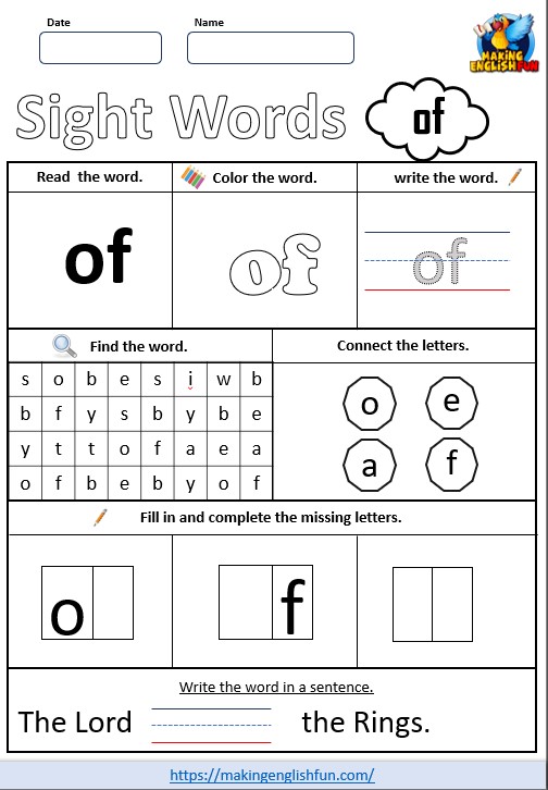 FREE Printable Grade 1 Sight Word Worksheet - “Of”Making English Fun