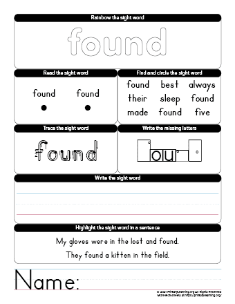 FOUND Sight Word Worksheet  