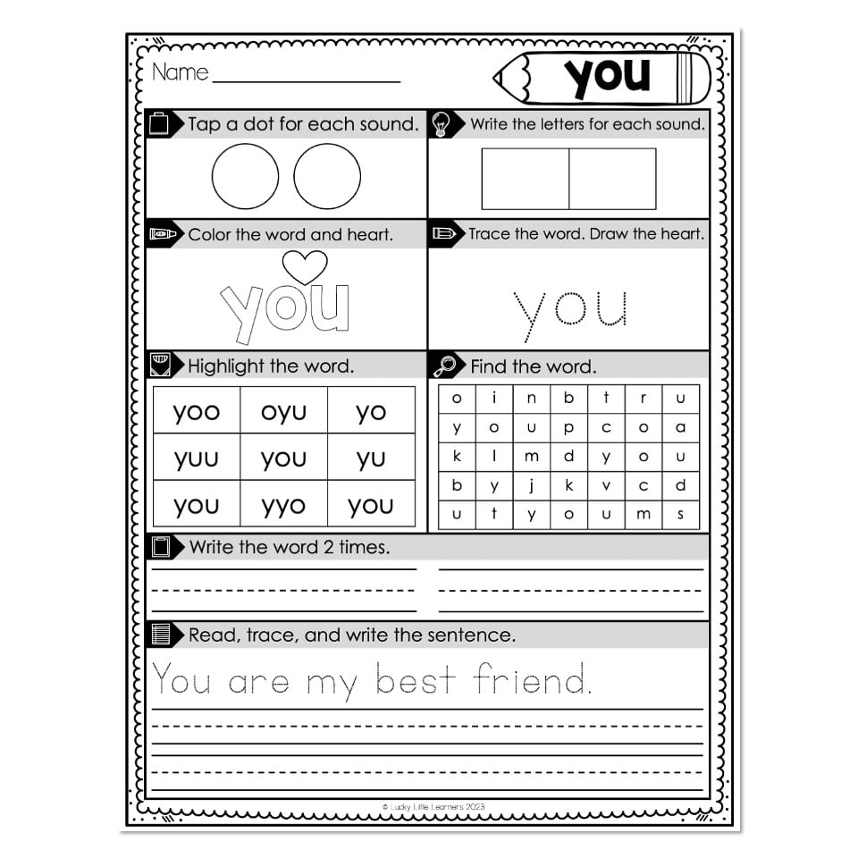 Heart Word Worksheets - Sight Words - You - Lucky Little Learners