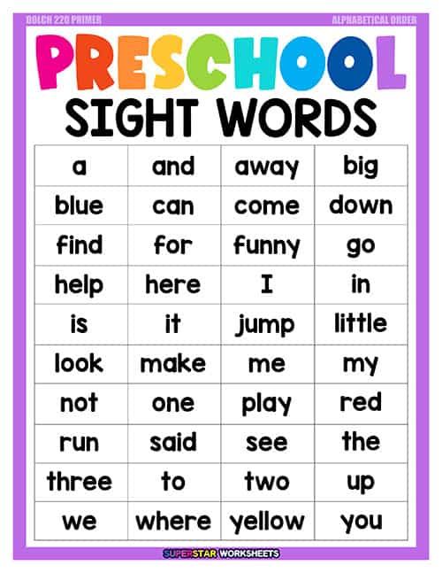 sight words for preschoolers worksheet