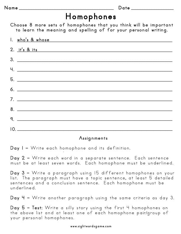Homophones - we provide a list of common homophones and worksheets