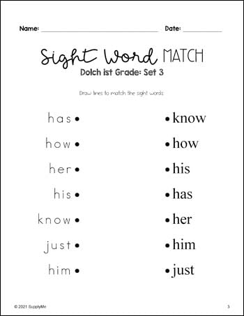 First Grade Sight Word Worksheets - Sight Words Matching, 4 ...