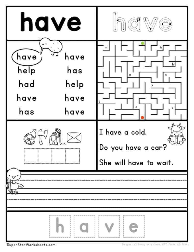 sight words worksheet for preschool