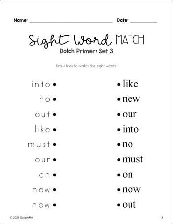 Kindergarten Sight Word Worksheets - Sight Words Matching, 4 ...