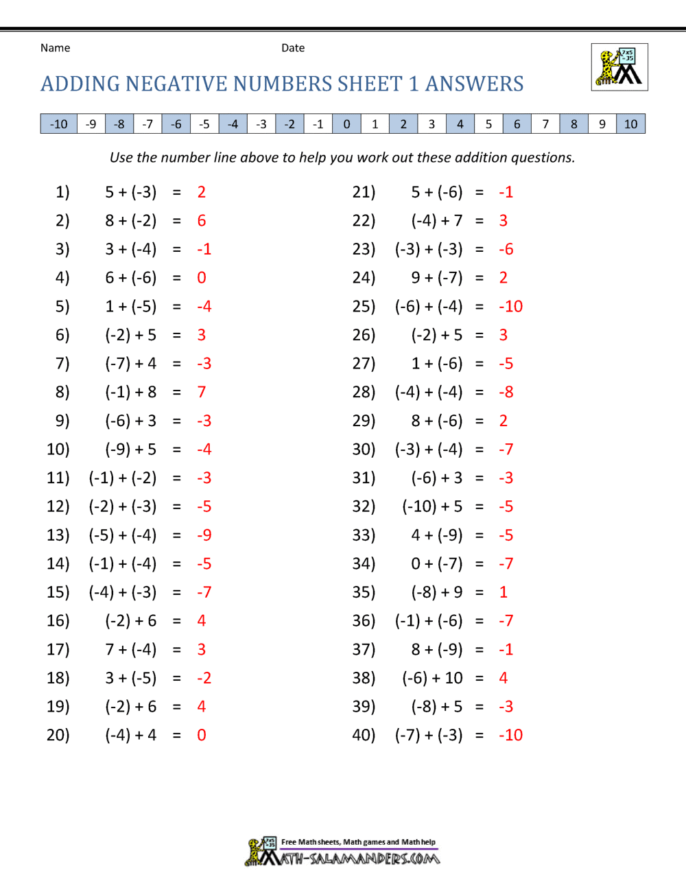 sign numbers worksheet with answers