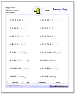 Adding and Subtracting Negative Numbers Worksheets