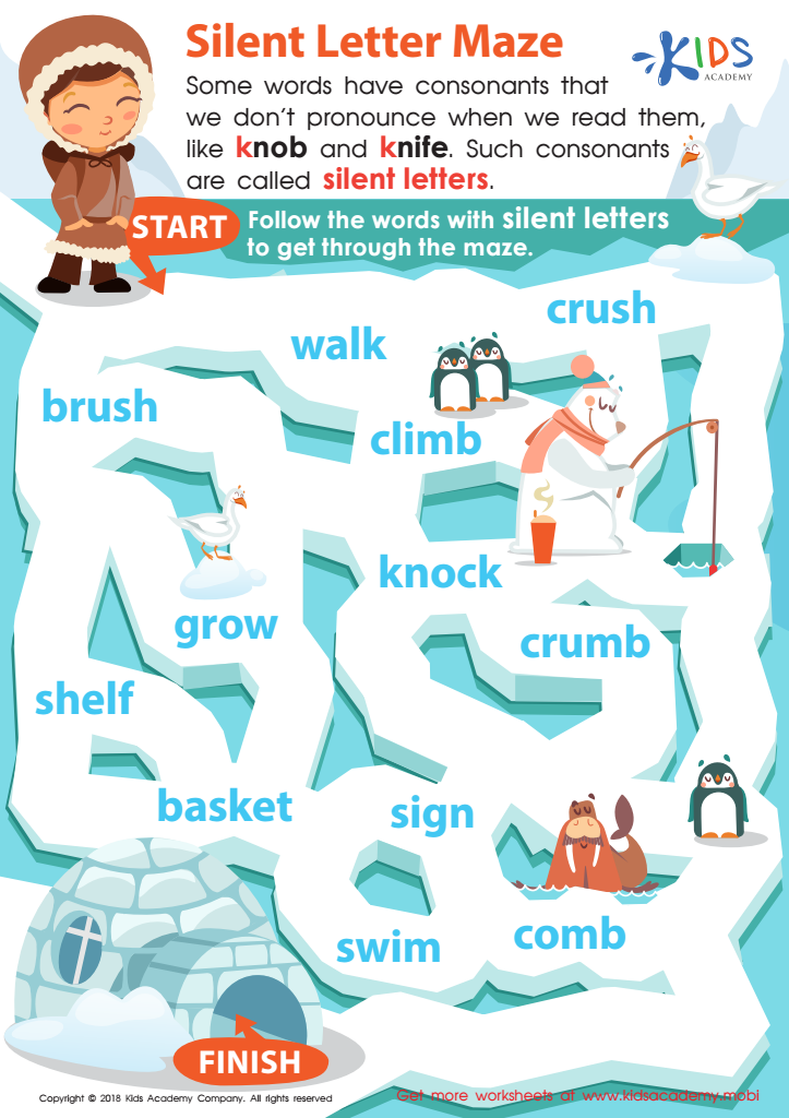 Silent Letter Maze Worksheet for kids