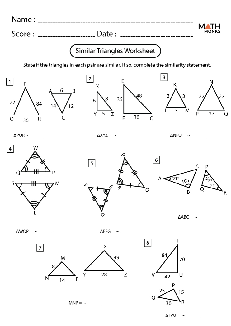 Similar Triangles Worksheets - Math Monks