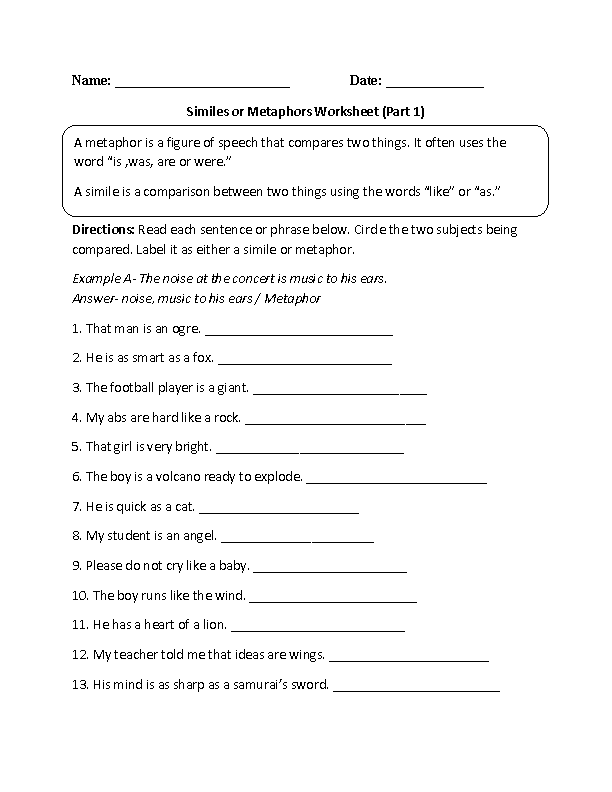 simile and metaphor student worksheet answers