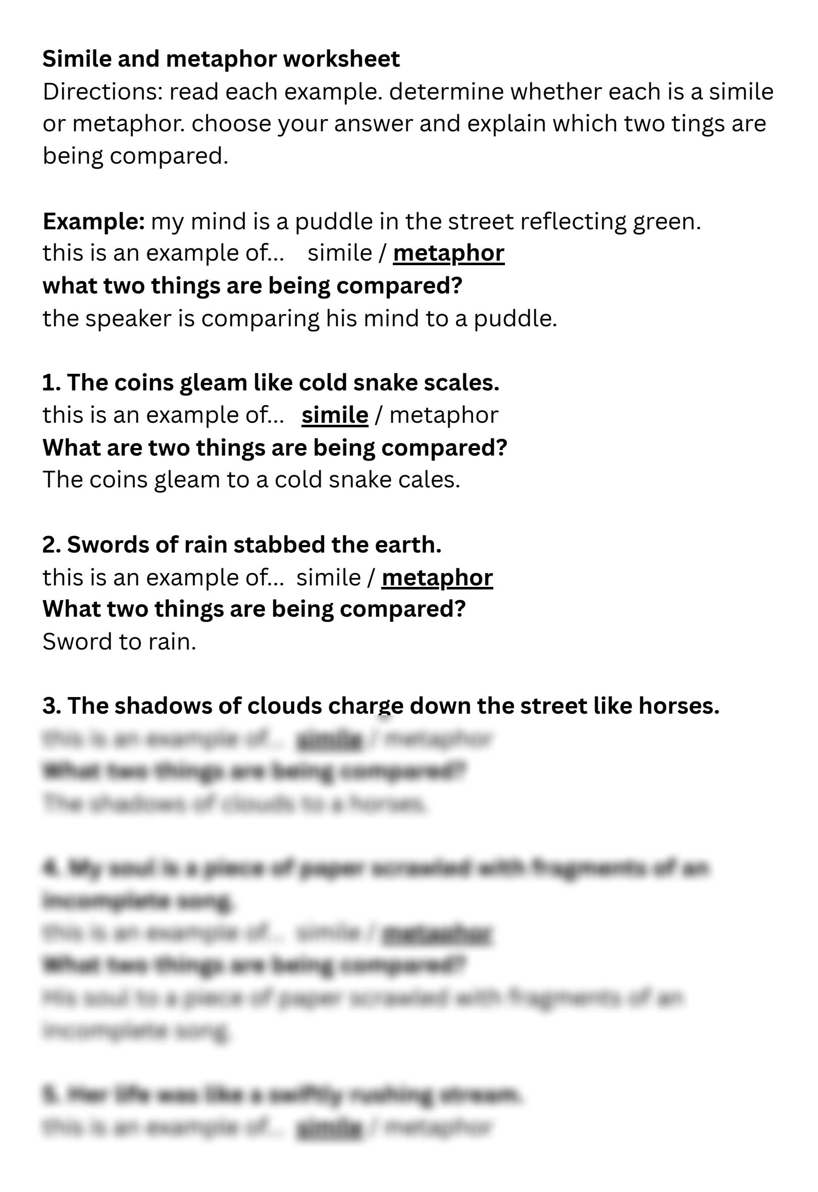 Simile and Metaphor Worksheet Primary Teaching Resources Worksheets