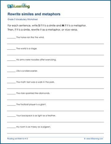 simile and metaphor student worksheet answers