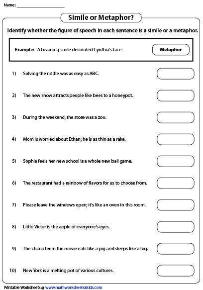 Printable Metaphor Worksheets | Similes and metaphors, Simile ...
