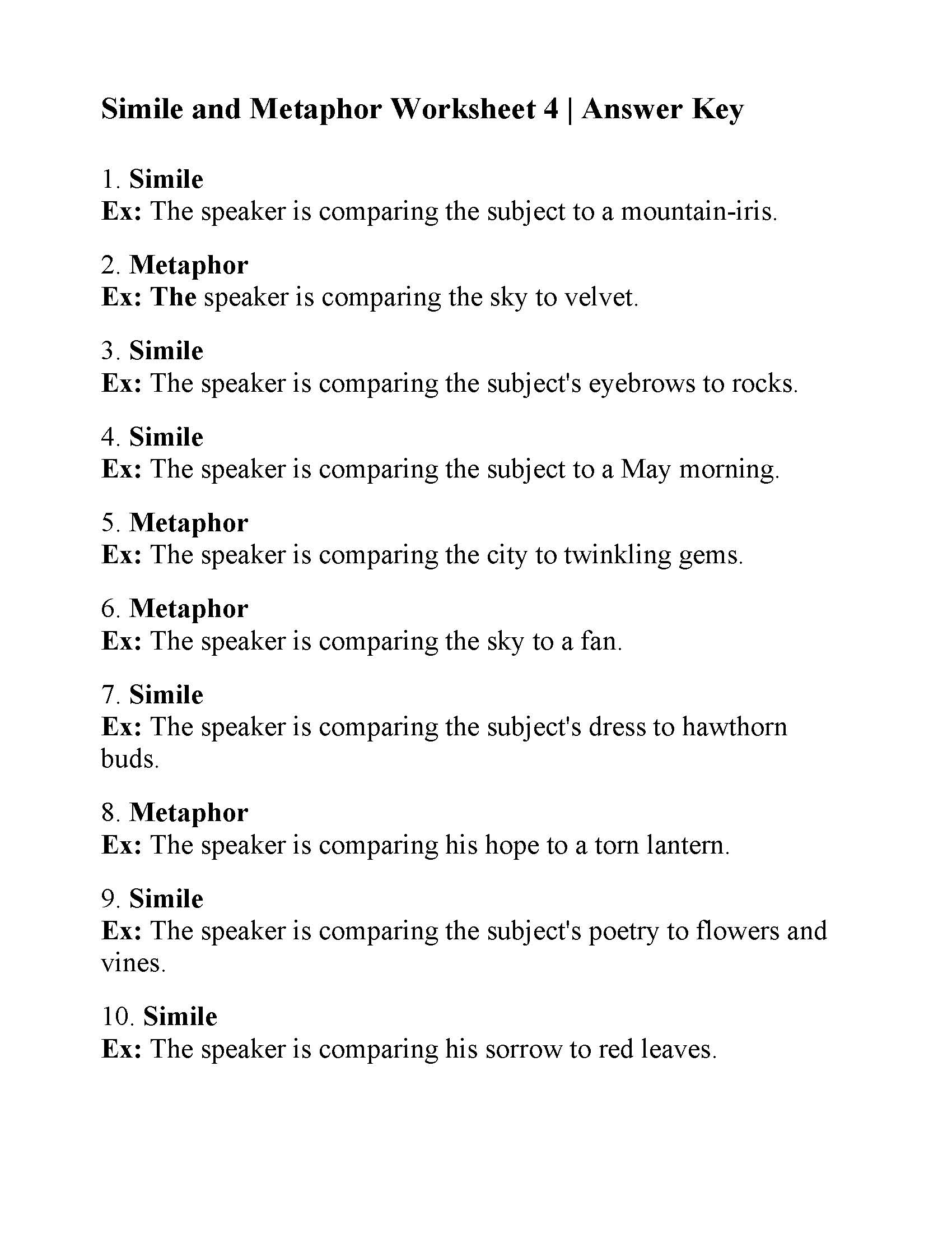 simile and metaphor worksheet