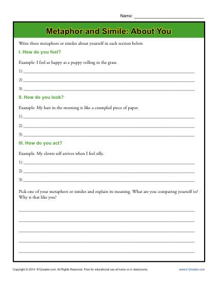 Metaphor and Simile: About You | Figurative Language Worksheets