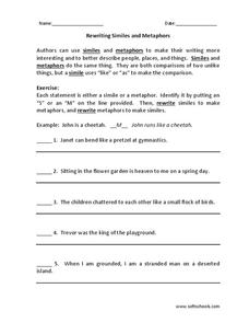Rewriting Similes and Metaphors Worksheet for 4th - 8th Grade ...