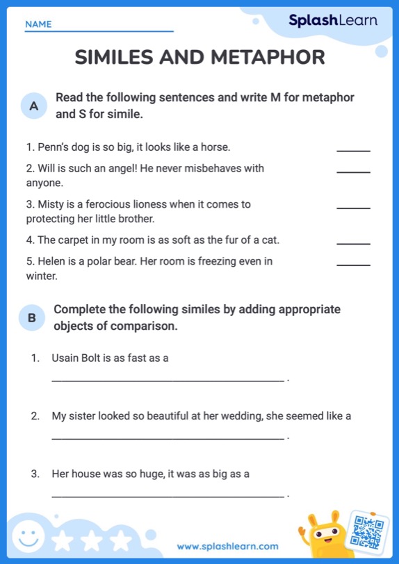 Fun with Similes and Metaphors - ELA Worksheets - SplashLearn