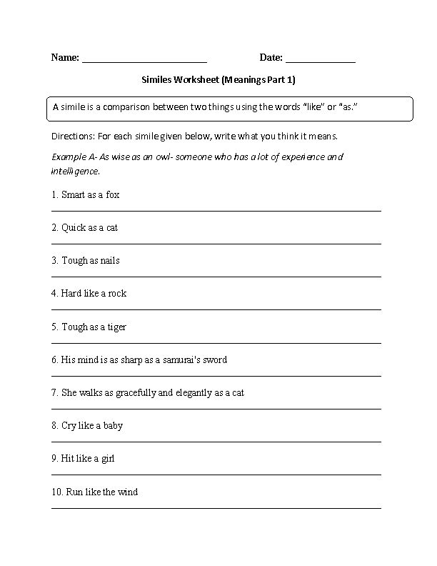 Similes Worksheets