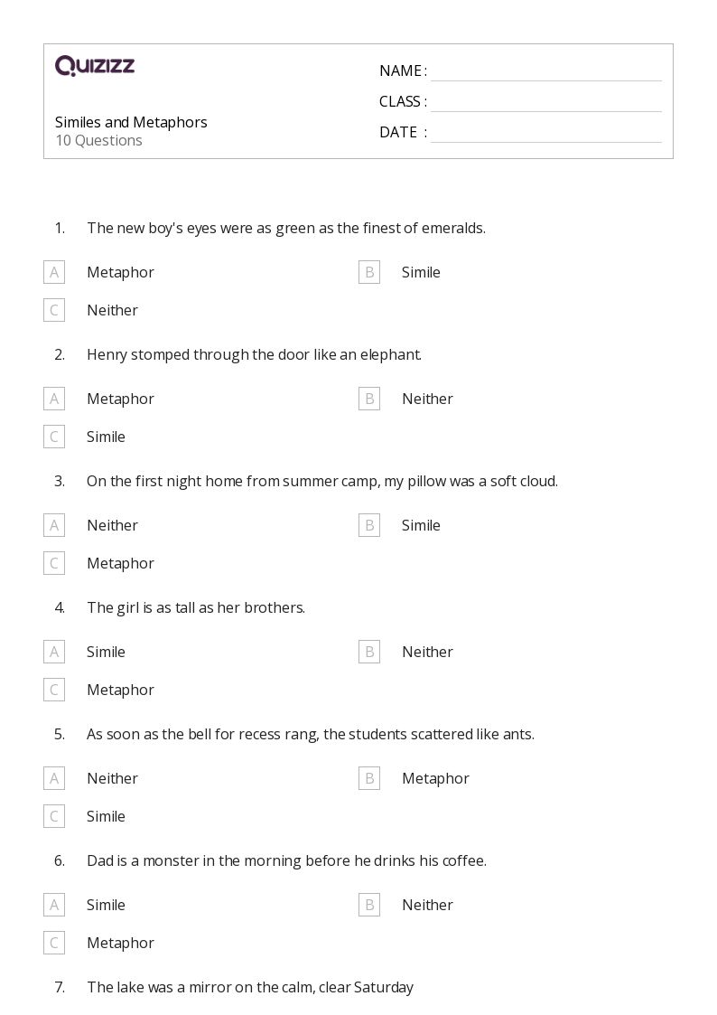 50+ Metaphors worksheets for 2nd Grade on Quizizz | Free &  Printable