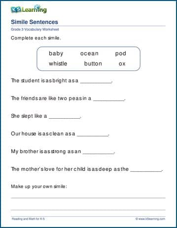 Simile sentences worksheets | Worsheets library