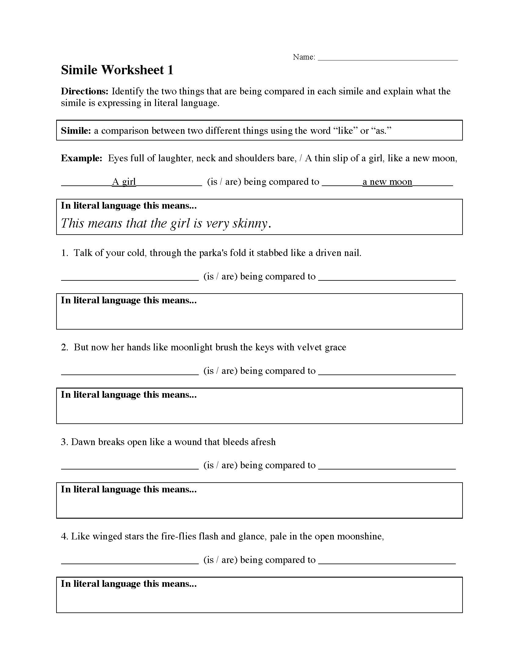 Simile Worksheets  
