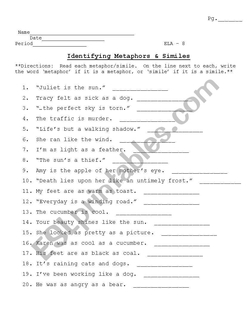 simile worksheet for middle school