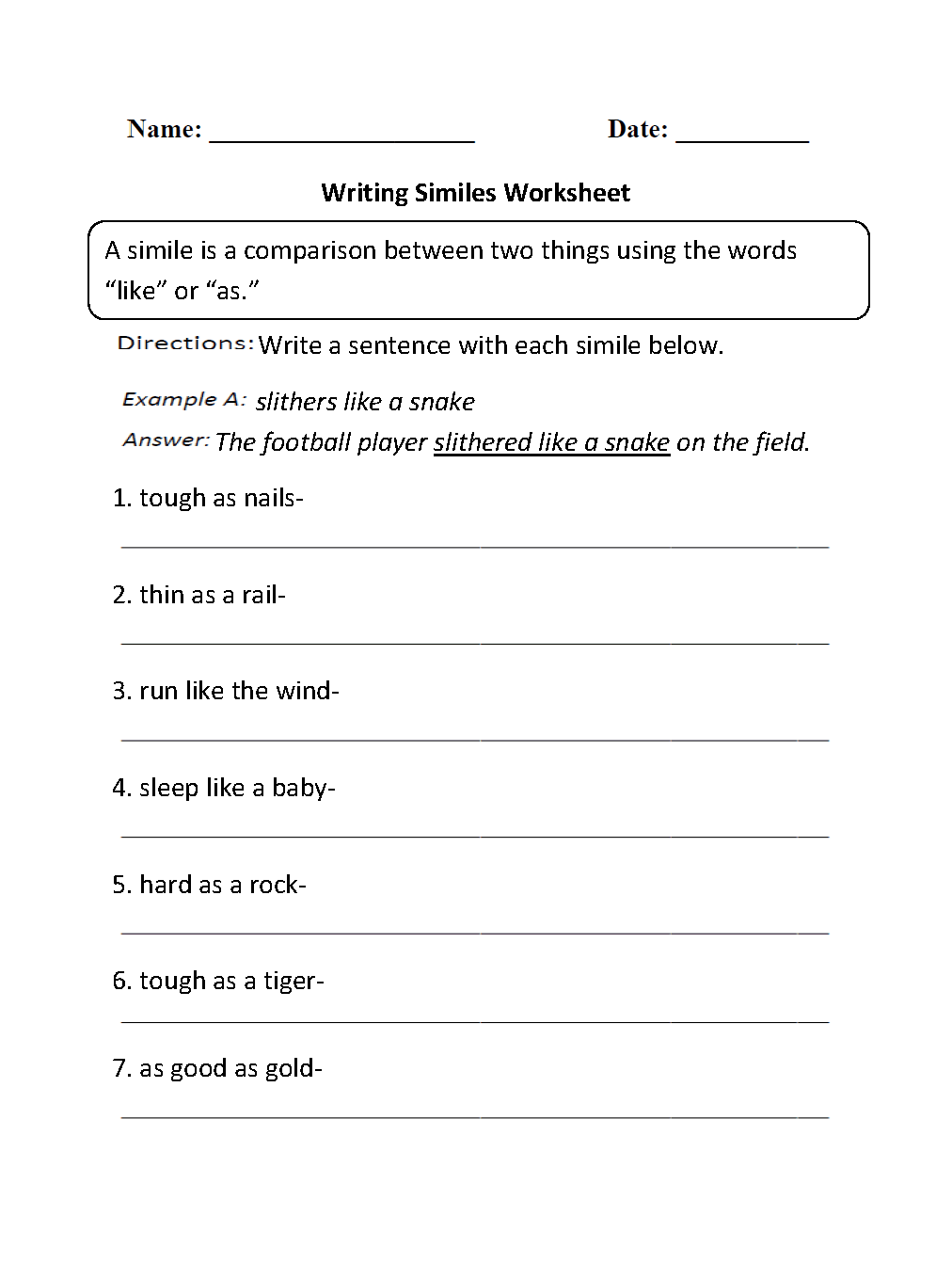 Similes Worksheets | Writing Similes Worksheet