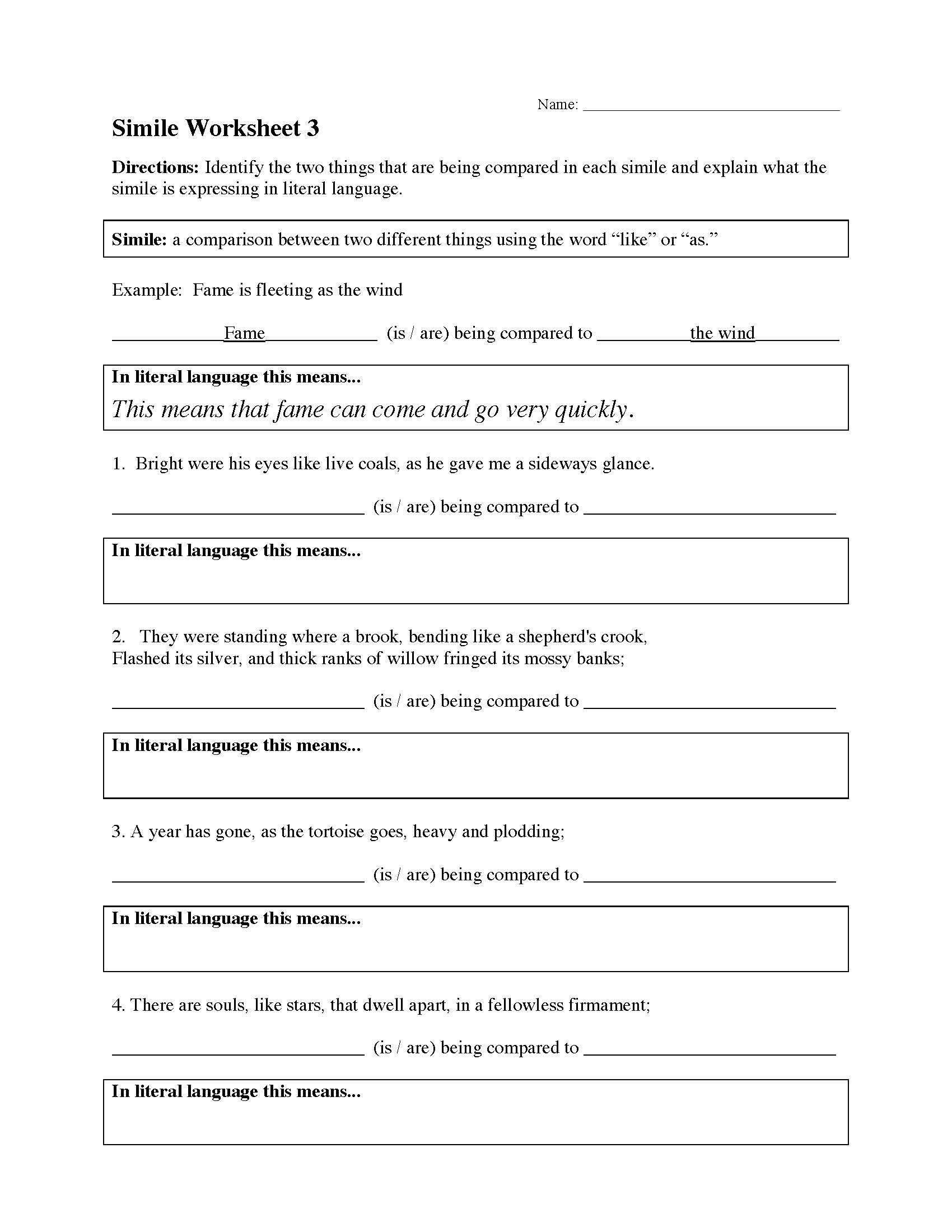 Simile Worksheet 3 | Figurative Language Activity