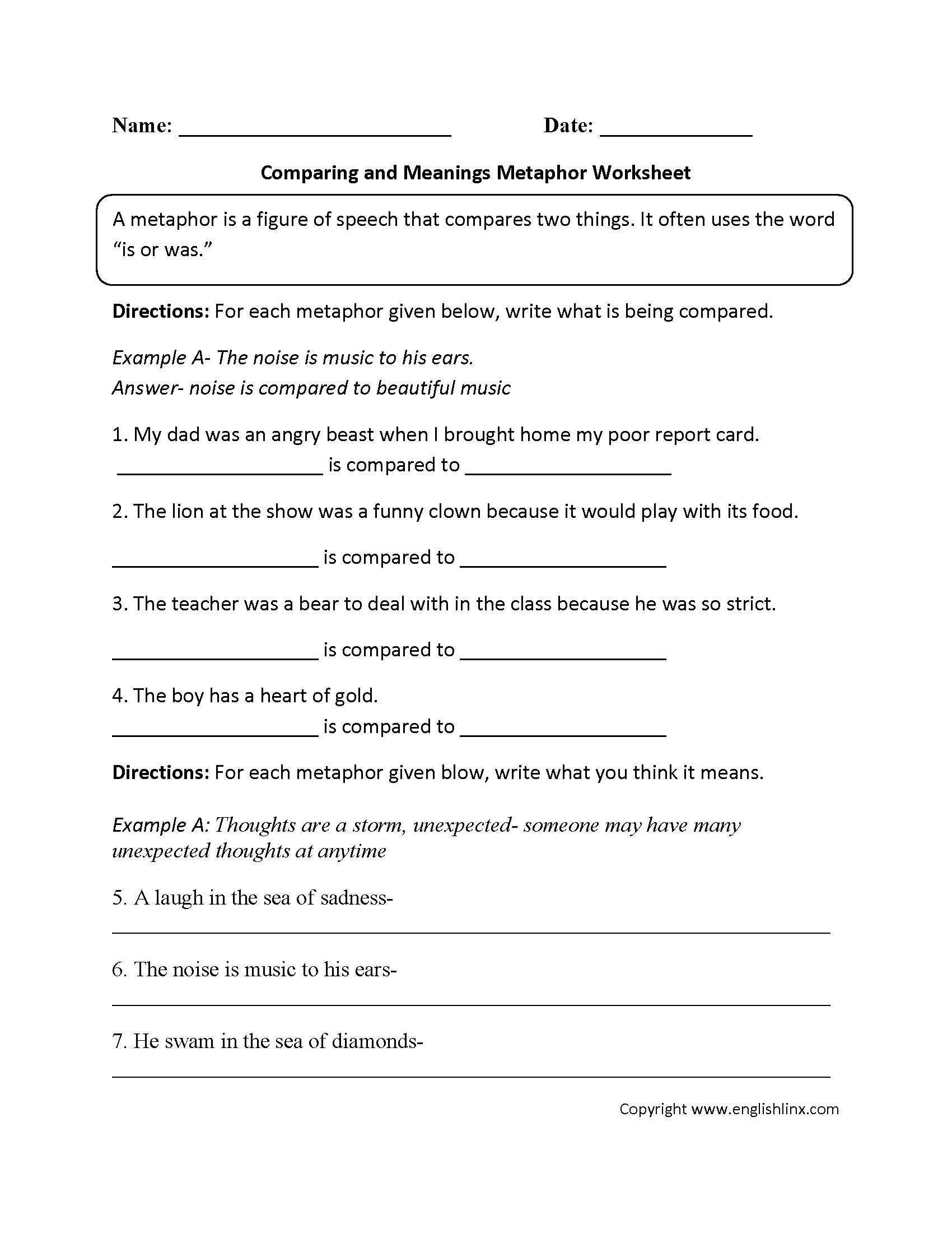 similes and metaphor worksheet for middle school