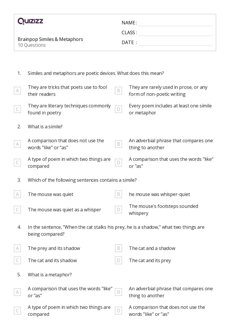 similes worksheet with answers