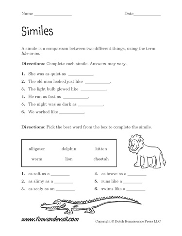 Simile Worksheets - Tims Printables