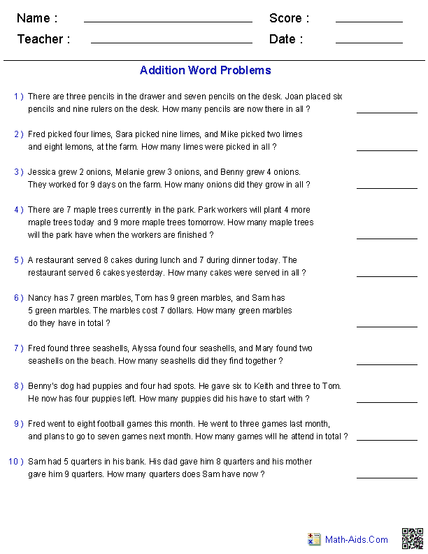 Word Problems Worksheets | Dynamically Created Word Problems