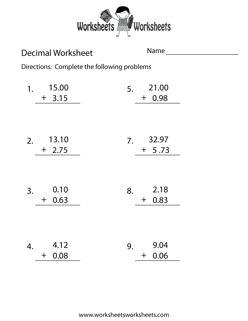 Decimal Addition Worksheet | Worksheets Worksheets