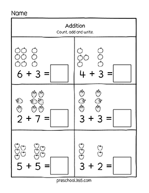 Simple Addition Activity worksheets for children in PreK L2