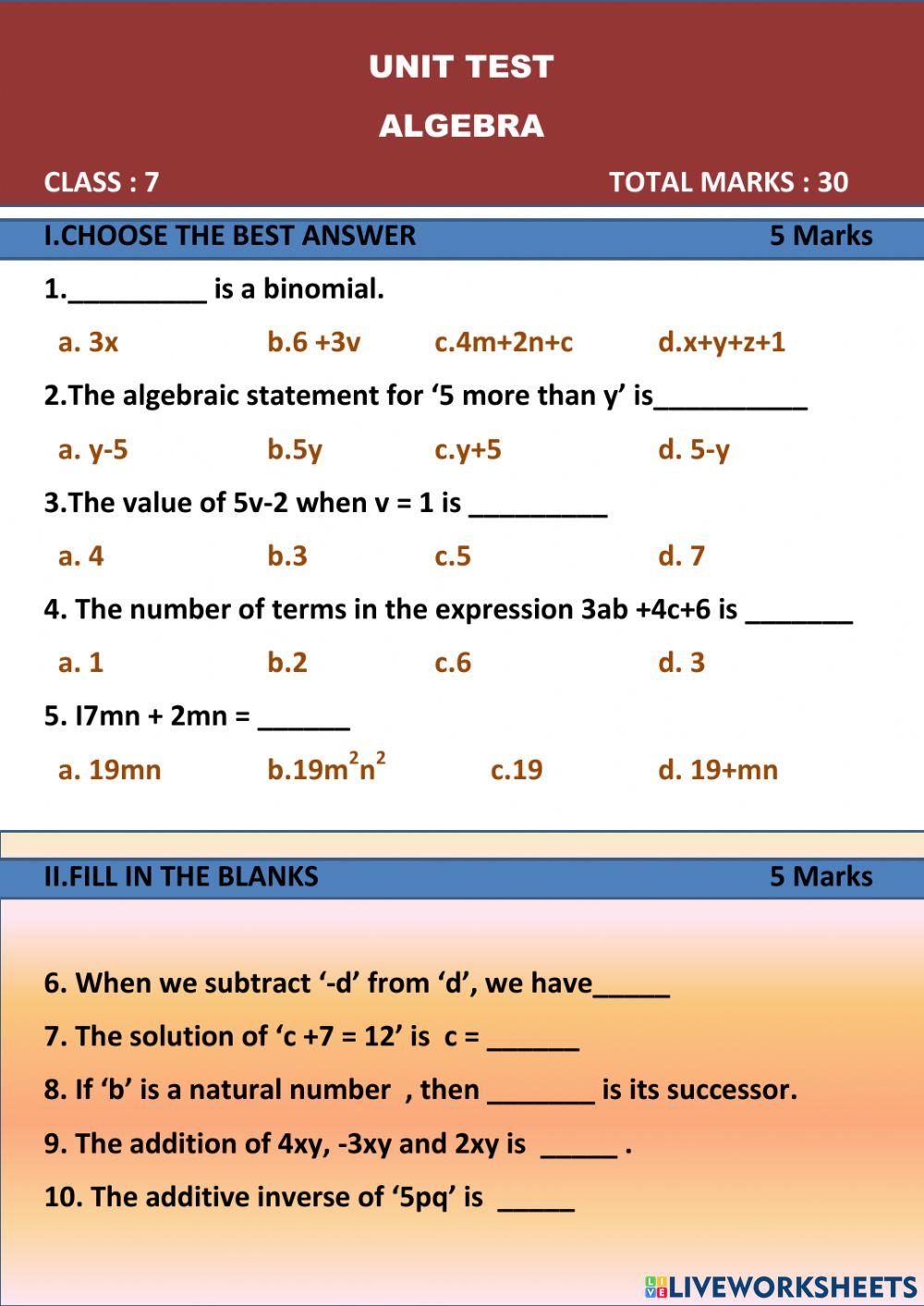 Algebra online exercise for Grade 7 | Live Worksheets - Worksheets Library
