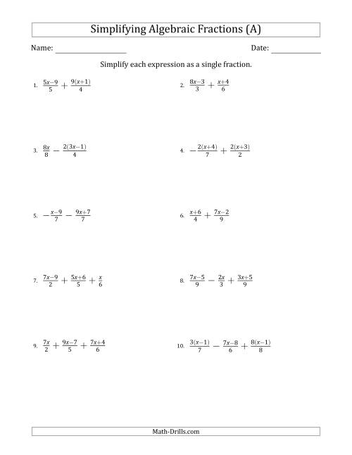 Simplifying Simple Algebraic Fractions (Harder) (A)