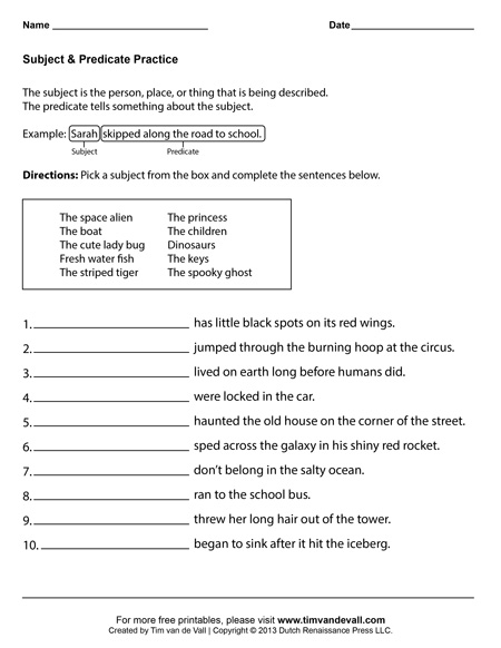 Subject and Predicate Worksheets - First Grade Language Arts ...