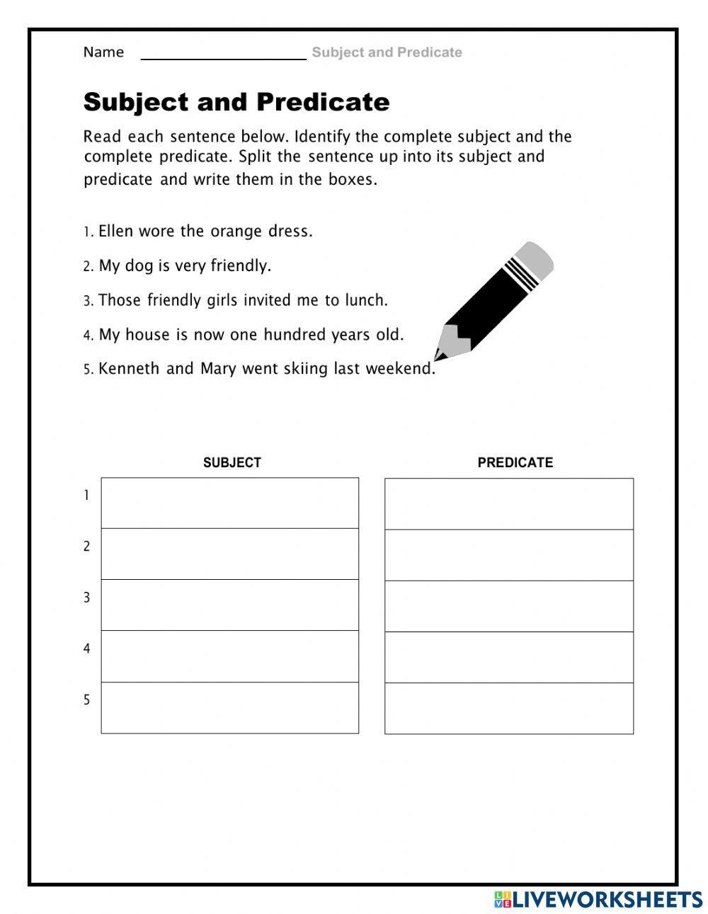 Complete and Simple Subject and Predicate worksheet  