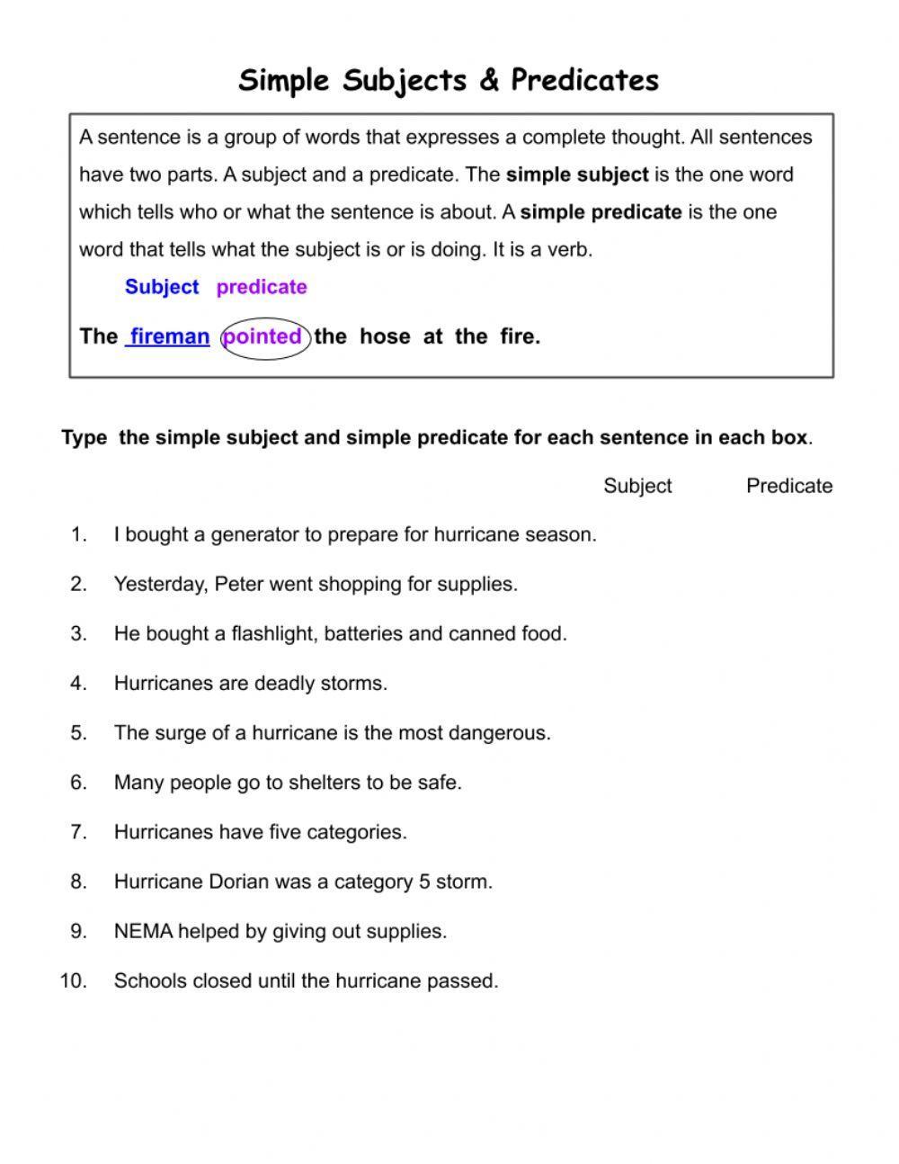 Simple subjects & simple predicate worksheet | Live Worksheets ...