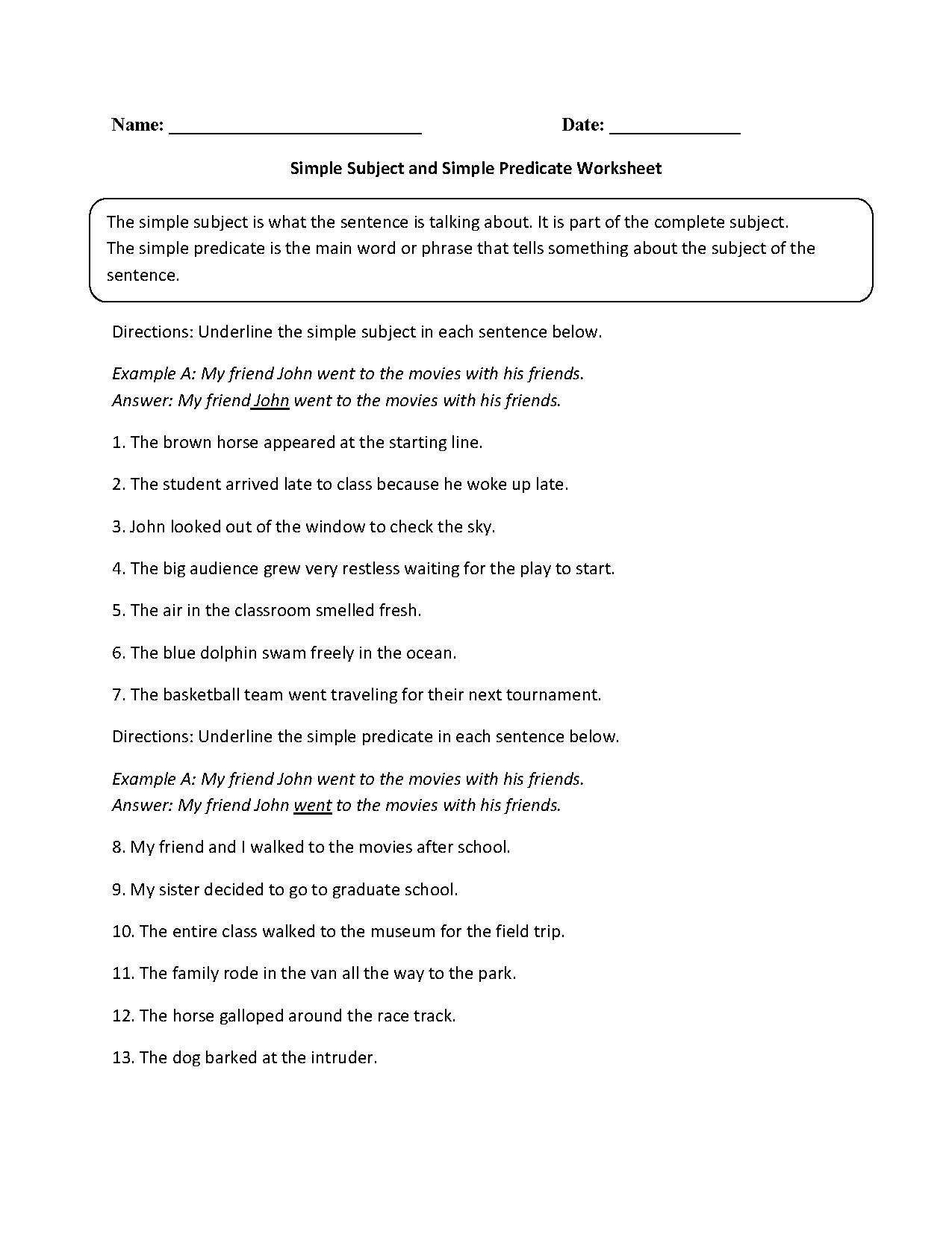 Subject and Predicate Worksheets | Simple Subject and Simple ...