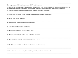Compound Subjects and Predicates Worksheet for 3rd - 5th Grade ...