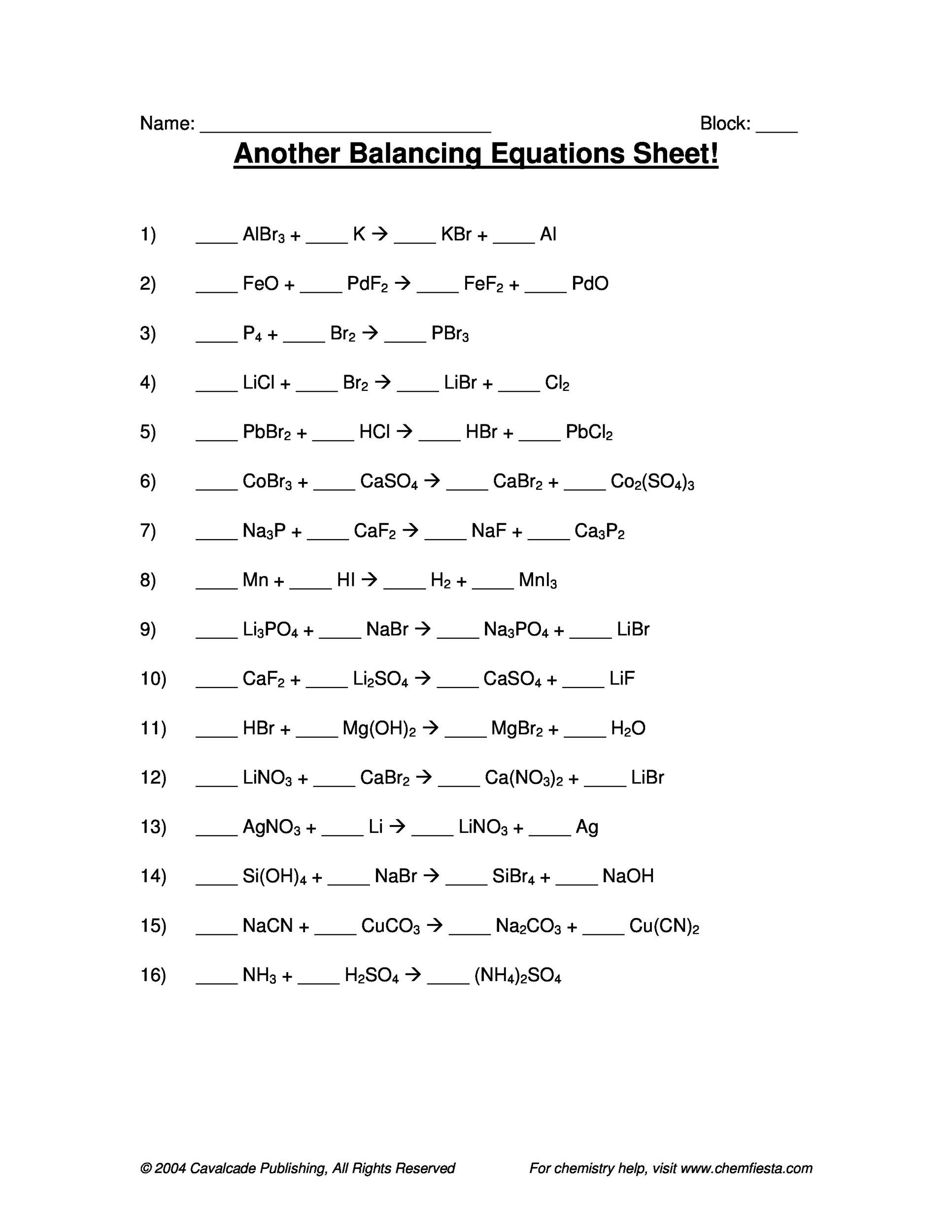 simple balancing chemical equations worksheet