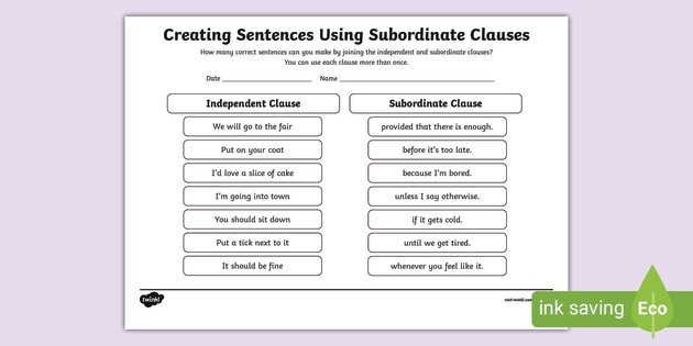 Dependent &  Independent Clauses Worksheet PDF | Primary