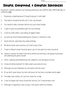 Simple, Compound, Complex Sentences: Worksheet and Sentence ...
