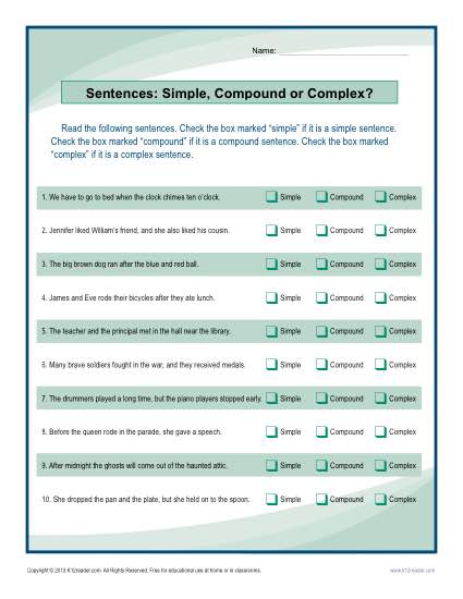 simple compound complex and compound complex sentences worksheet