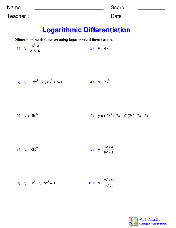 Calculus Worksheets | Differentiation Rules Worksheets