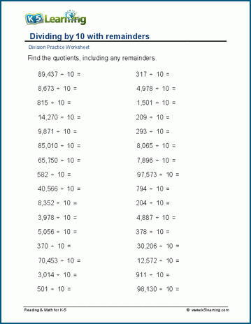 Dividing by 10 &  100, remainders worksheets | Worsheets library